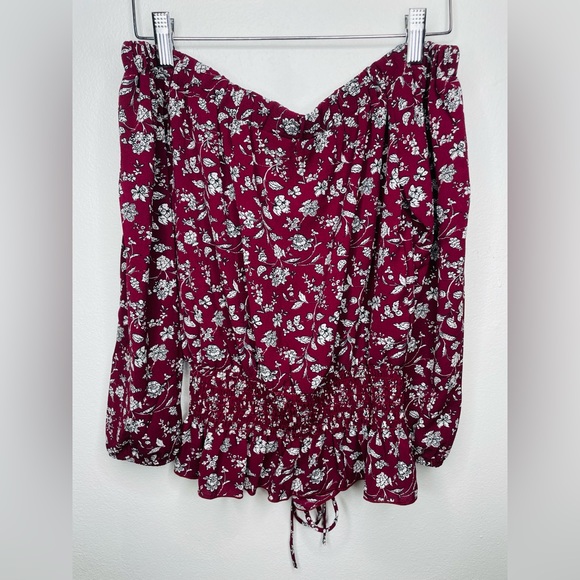 Chocolate Women’s Strapless Floral Maroon Long Sleeve Top w/Front Tie. - Picture 4 of 5